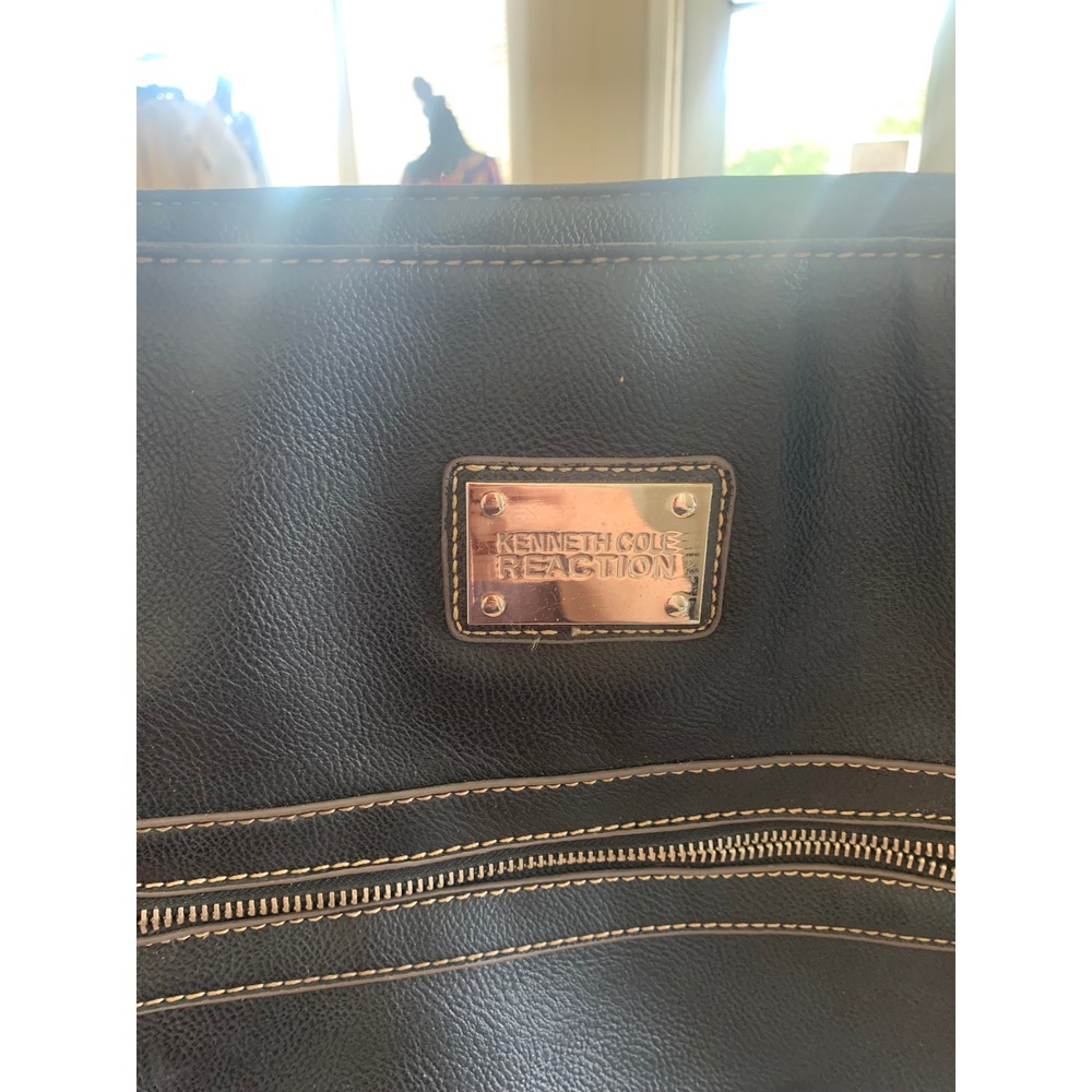 Kenneth Cole Reaction Black Faux Leather Tote Bag Shoulder Purse Cityscape Liner - Picture 2 of 4